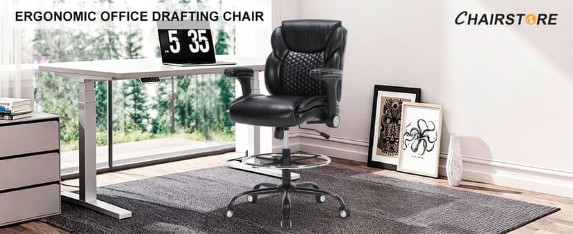 Drafting Chair, Tall Office Chair with Adjustable Armrests Mid-Back Standing Desk Chair with Footrest Ring, PU Leather High Executive Desk Chair Counter Height Office Chair for Home and Office, Black