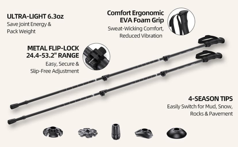 3K Carbon Fiber Trekking Poles - Collapsible, Lightweight Yet Sturdy Hiking Poles with EVA Grip, for Men & Women Hikers