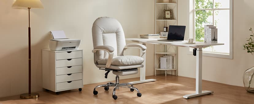 EMIAH Ergonomic Office Chair with Foot Rest Criss Cross Chair with Wheels Reclining Executive Office Chair Mid Back PU Leather Swivel Computer Chairs Lumbar Support for Home Office (Beige)