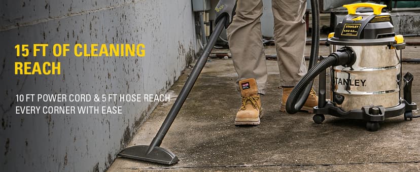 STANLEY SL18116 Wet/Dry Vacuum, 6 Gallon, 4 Horsepower, Stainless Steel Tank, 4.0 HP, Silver+Yellow