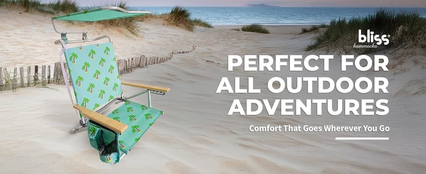 Bliss Hammocks Folding Beach Chair Recliner with Canopy Shade, Palm Tree