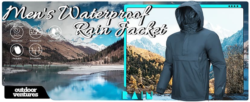 Outdoor Ventures Men's Rain Jacket Waterproof Lightweight Packable Rain Pullover for Hiking Golf Running