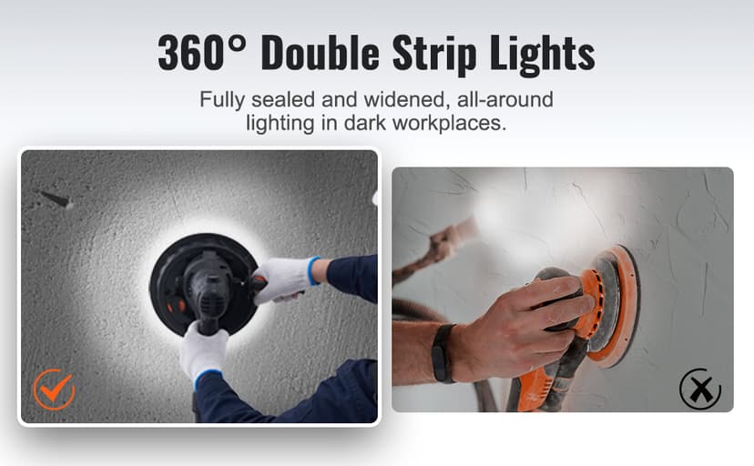 VEVOR Drywall Sander, 800W Electric Sander with 12 Sanding Discs, Variable Speed 1200-2300 RPM Wall Sander with Automatic Vacuum Dust Collection System, Double LED Lights, Dust Bag, Detachable Edge