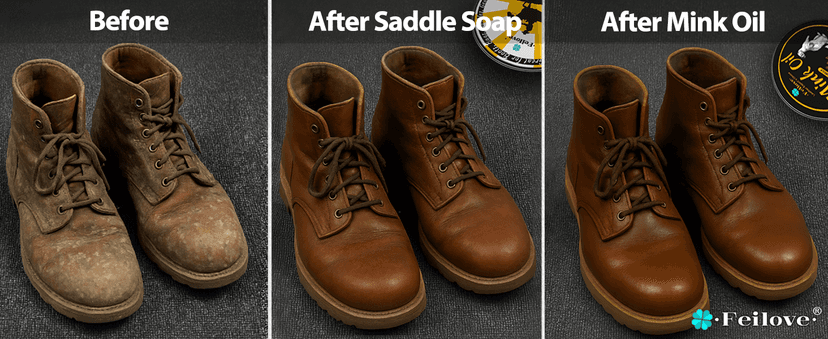 Feilove Leather Boot Care Kit – Mink Oil & Saddle Soap for Leather with Applicators & Cloths – 6-Piece Leather Shoe Care Kit for Cowboy Boots, Work Boots, Shoes & Tack