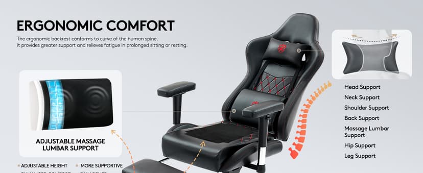Gaming Chair,Computer Office Chair with Footrest,Massage Lumbar Support and Gel Pad,Ergonomic Reclining Leather Gamer Chair with Headrest,Adjustable Armrests and Spring Cushion Black Red