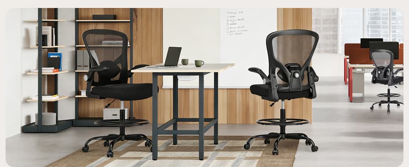 Drafting Chair, Tall Office Chair for Standing Desk, Mesh High Desk Chair with Flip-Up Armrests, Ergonomic Office Chair with Lumbar Support, Adjustable Footrest Ring Studio Chair, Black