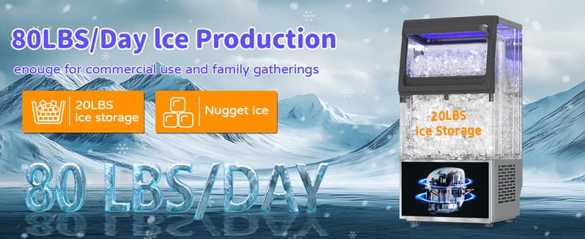 Commercial Nugget Ice Maker 80Lbs/24H with 15Lbs Storage, Stainless Steel Pellet Ice Machine, Ready in 10-15 Mins, Self-Cleaning for Home Office Bars Restaurants