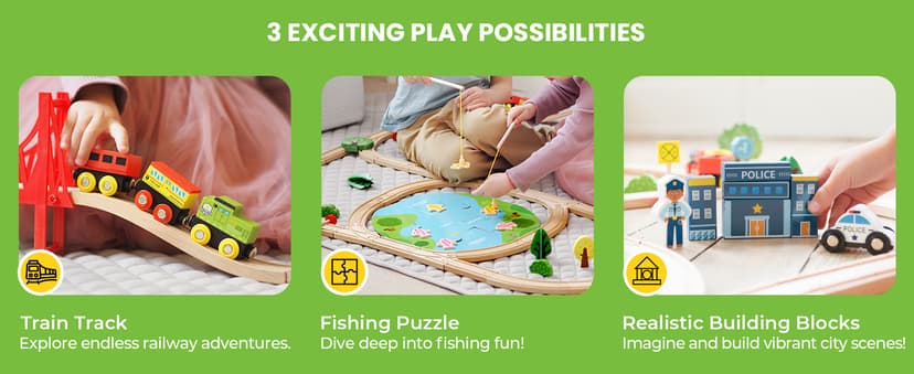 Tiny Land 110pcs Wooden Train Set with Folding Storage Box, Wooden Train Track Toy for Boys & Girls, Age 3-7, Includes Convenient Storage