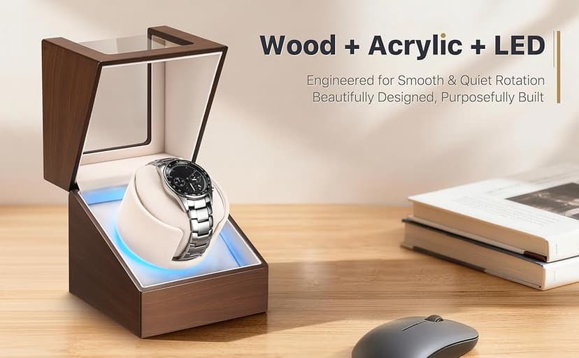 BEKESIN Watch Winder for Automatic Watches, Ultra Quiet Japanese Motor (<5 db), Premium Self Winding Rotating Wooden Watch Case with Soft Blue Ambient Light, Gifts for Him/Her/Dad