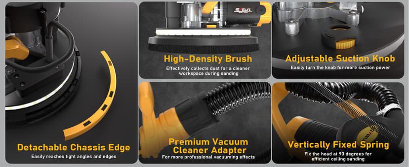 GEVEELIFE Drywall Sander, 880W Popcorn Ceiling Removal Tool, Drywall Sander with Vacuum Dust Collector, 5 Variable Speed 1000-2100RPM, LED Light, Foldable & Extendable Handle, 12 Sanding Discs