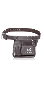 LAUTUS Oil Tanned Leather Tool Pouch Bag | Black | Carpenter, Construction, Framers, Handyman | 10 Pockets, 2 Hammer Holders | 100% Leather