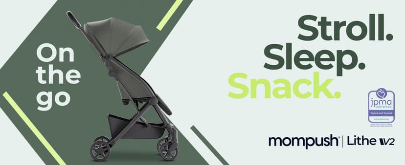 Mompush Lithe V2 Lightweight Travel Stroller, Compact Foldable Baby Stroller with Travel Bag, One-Hand Fold Stroller, Snack Tray, Mechanical Recline Seat, Airplane-Ready, Organizer & Rain Cover