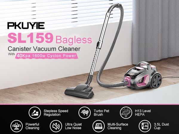 PKUYIE Canister Vacuum Cleaner, 40Kpa 1600W Cyclon Power, Dust Full Indicator, Double HEPA Filters, 3.7Qt Large Capacity, Lightweight Vac for Hard Floors, Carpets, Pet Hair, Pink