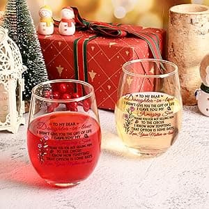 Futtumy Funny Daughter in Law Gifts, To My Dear Daughter-in-laws Stemless Wine Glass for Son's Wife, Mothers Day Birthday Christmas Gifts from Mother-In-Laws, 17 oz