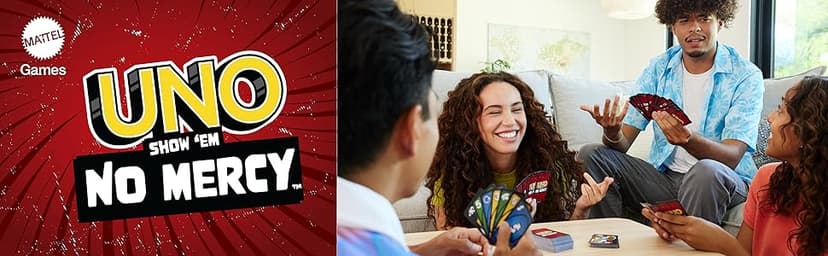 Mattel Games UNO Show ‘em No Mercy Card Game in Storage & Travel Tin for Kids, Adults & Family Night with Extra Cards, Special Rules & Tougher Penalties (Amazon Exclusive)