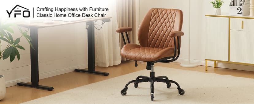 YFO Home Office Desk Chair Office Rubber Casters Ergonomic Computer Chair with Lumbar Support Adjustable Height Rolling Swivel Executive Task Armrests Chair, Brown Leather