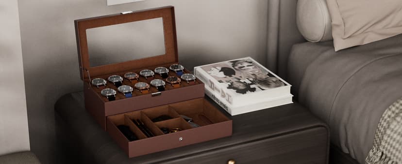 ProCase ProCase Watch Box, 12 Slot Mens Watch Case With Drawer, 2-Layer Watch Display Case With Glass Lid, Mens Jewelry Box Storage Holder Organizer, Birthday Valentine Gifts for Men -12Slot, Espresso