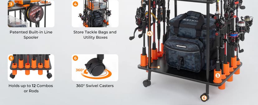 KastKing V10 Gear Trolley, Indoor Fishing Rod Holder for 10 Combos, 3-Tier Fishing Accessory Shelves With Peg Wall, Patented Built-in Line Spooler, Mobile Tackle Storage Cart With Locking Wheels