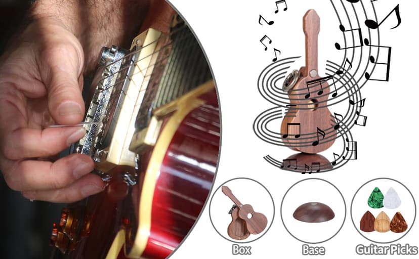 CustomGuitarPlectrumwithBox HomeWoodenDecorativeOrnamentGuitarMusicGiftCarMiniPendantGuitarAccessories Musician'sGuitarPlectrumGiftChristmasUniqueGift (Wood color (flower pear tree))