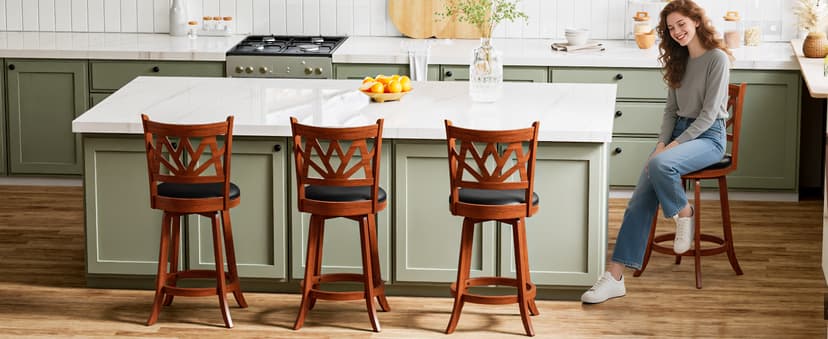Swivel Barstools Set of 4, Farmhouse 24" Counter Height Bar Stools with Backs, Lotus Pattern Carved Bar Chair with Solid Wood Legs & Footrest for Kitchen Island, Home Bar, Pub. Brown