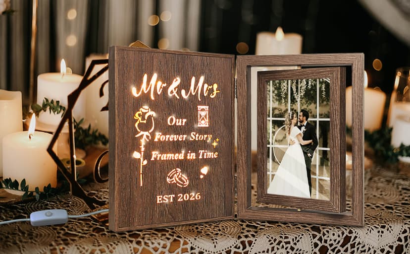 Bridal Shower Gifts for Bride Groom, Wood Wedding Photo Frames 4x6 for 2 Pictures EYITUPC Rotating Light Up Mr Mrs 2026 Wood Frame Bridal Shower Wedding Gift B0G1Y2DY35
