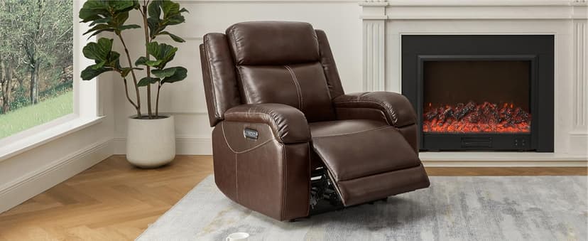 Watson & Whitely Genuine Leather Power Recliner Chairs for Adults, Wall Hugger RV Recliner with Power Headrest & Charging Ports, Electric Recliner Sofa Chair for Living Room, Grey