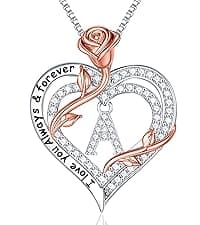 Iefil Rose Heart Necklaces Gifts for Women - 925 Sterling Silver Heart Initial Necklace, Anniversary Birthday Gifts for Women, Jewelry Gift for Wife Wife Girlfriend Mom
