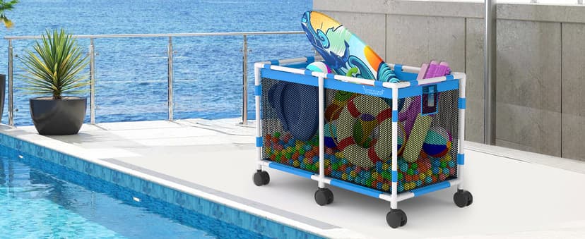 Pool Storage Bin - 235 Gallon 69" L Extra Large Pool Float Storage Organizer with Heavy Duty Tear & Sunlight Resistant Nylon Mesh, 360° Rolling Pool cart for Noodles,Toys,Floats,Balls