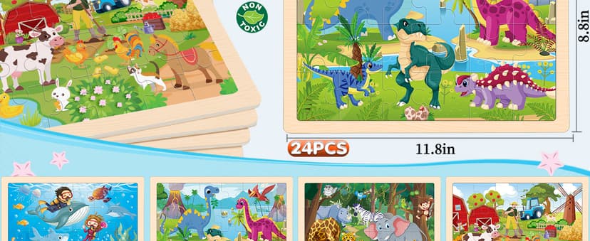 Wooden Animals Puzzles for Kids Age 3 4 5 Year Old, 4 Pack 24 Pcs Montessori Toddler Jigsaw Puzzles for Girl boy Activities Preschool Learning Educational Birthday Gift Travel Autistic Wooden Toys