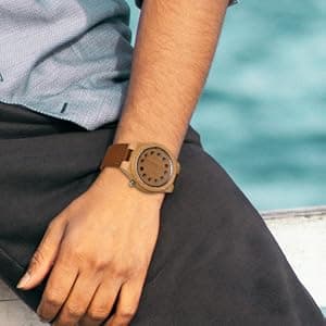 BOBO BIRD Men's Bamboo Wooden Watch with Black Cowhide Leather Strap 12 Holes Timer Design Sports Casual Watches