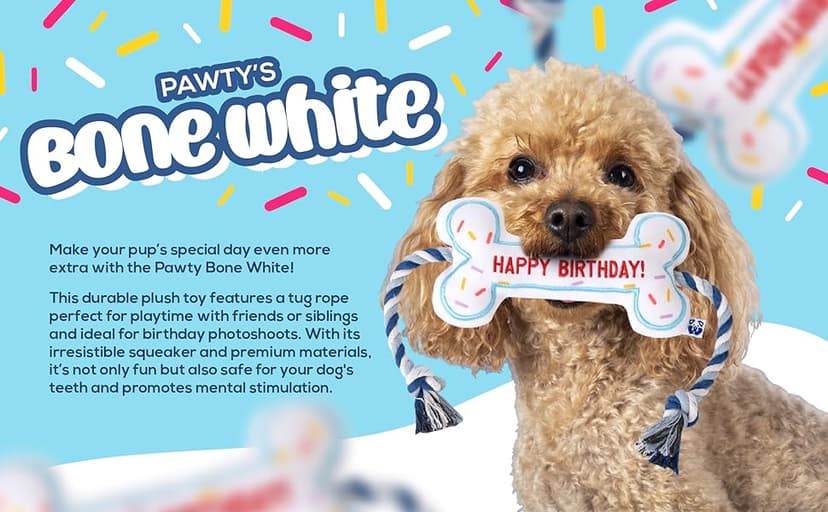 Birthday Bone Interactive Dog Toy - Interactive Tug Rope Pet Toy - Cute Unique Design Party Birthday Gift - Small Medium Puppy - Durable Chew Resistant Plush Toy with Squeaker for Teething (White)