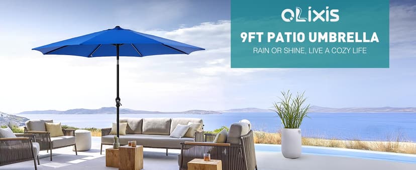 OLIXIS 9ft Patio Umbrella with Tilt and Crank Button & 8 Sturdy Ribs Waterproof, Patio Table Umbrella Perfect for Poolside, Terrace, Beach and Outdoor Restaurant, Blue