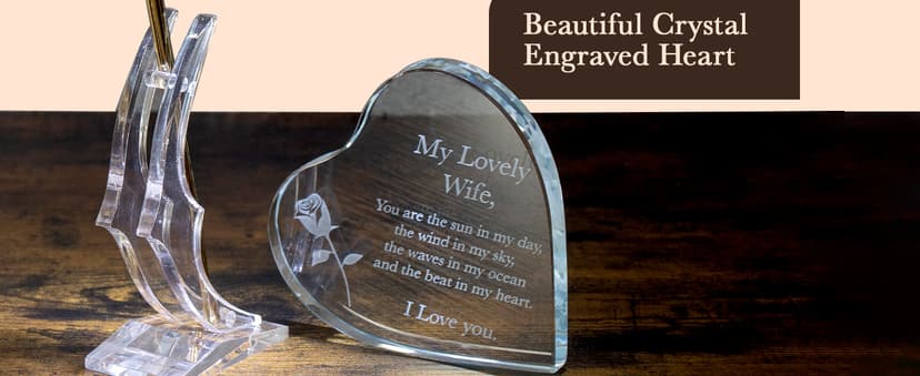 Anniversary for Wife Engraved Wooden Gift Set 'To My Beautiful Wife' Includes Crystal Engraved Heart 24K Gold Dipped Rose for Birthday Gifts