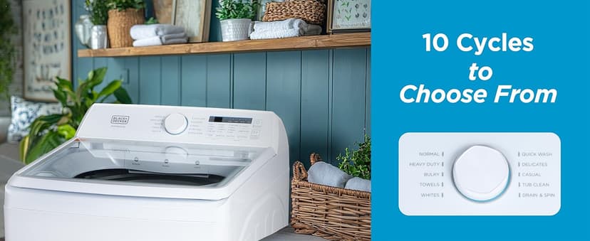 BLACK+DECKER 4.1 Cu. Ft. Top Loading Washing Machine with Agitator, Full Size Washing Machine with Glass Lid and Stainless Steel Tub, Machine with LED Display, 10 Wash Cycles, 120V, BTLW41MW, White