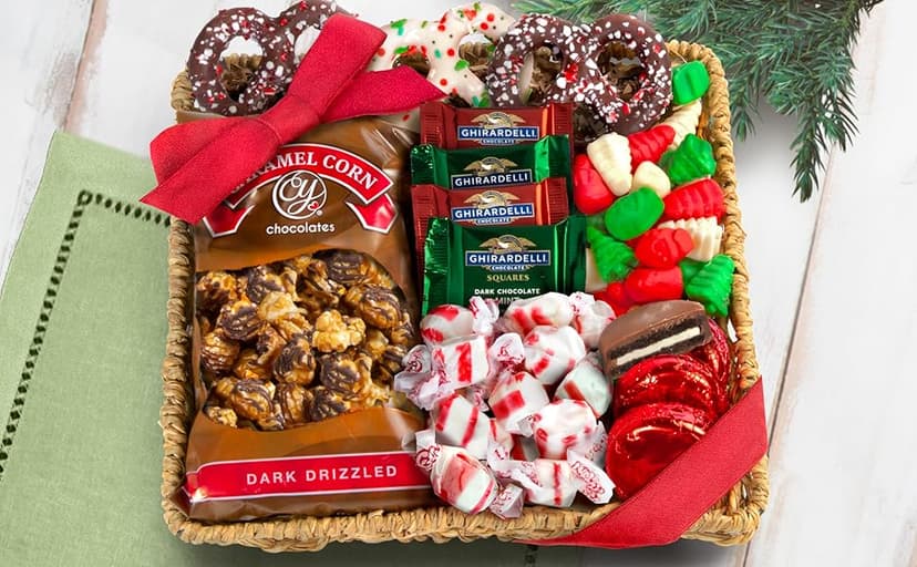 A Gift Inside Holiday Classic Chocolate, Candy & Crunch Gift Basket With Handmade Chocolates, Ghirardelli, Caramel Corn for Gourmet Christmas Food Gift