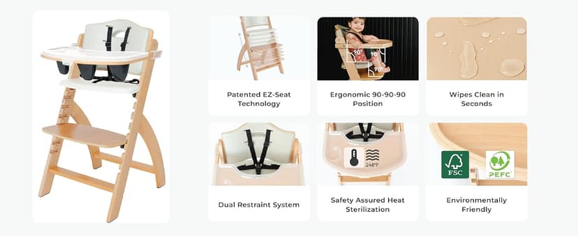 Abiie Beyond Junior Wooden High Chair for Babies and Toddlers - Convertible 3-in-1 Baby Highchair with Removable Tray - 6 Months to 250 Lb - Water Resistant - Natural Wood/Dove Grey Cushion