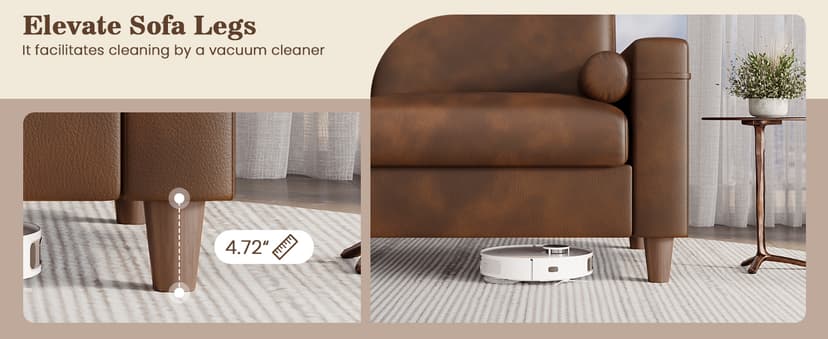 Vesgantti 100" PU Faux Leather Sofa with Movable Ottoman, 3 Seater L Shaped Leather Sectional Couch with Side Pocket, Comfy Mid Century Modern Modular Couch for Living Room, Apartment, Cocoa