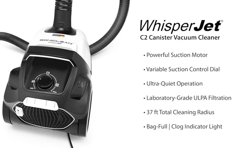Soniclean WhisperJet C2 Canister Vacuum Cleaner - Ultra-Quiet Operation - U15 ULPA Filtration - Designed in Germany