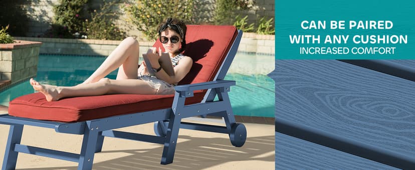 SERWALL Patio Chaise Lounge Chair Set of 2, 78'' Long 5-Positions Adjustable HDPE Outdoor Lounger for Pool, Poly Lounge Chair with Rolling Wheels & Cup Holder for Poolside, Deck, Blue