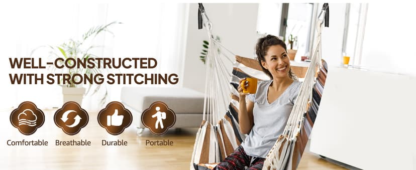 Chihee Hammock Chair Hanging Swing 2 Pillows Included,Strong Webbing Straps and Hooks for Easy Hanging Soft Cotton Hanging Chair Side Pocket Tassel Chair Comfort Indoor Outdoor Brown Stripes
