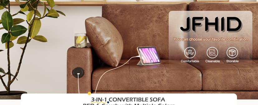 JFHID Leather Sleeper Sofa Couch with Pullout Bed, 80'' Sofa Bed Pull Out Couch with Reversible Storage Chaise, Sectional Couches with USB Charging Ports&Cup Holders for Living Room, Brown