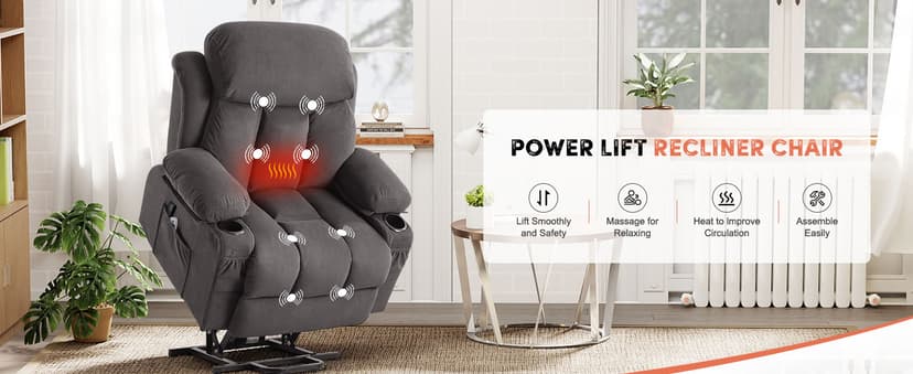 BOSMILLER Power Lift Recliner Chair with Massage and Heat for Elderly, Electric Recliner Single Sofa with Two Cup Holders, Extended Footrest, Side Pocket and USB Charge Port for Living Room