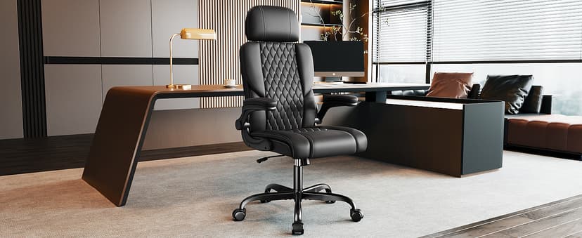Sytas Executive Leather Office Chair, Comfy Desk Chair with Adjustable Headrest & Flip-up Padded Arms & Lumbar Support, Adjustable Hight and Tilt, Rolling Swivel Chair, Black
