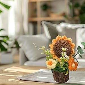 Handmade Crochet Knitted Sunflower Bouquet Creative Knitted Potted Plant Mini Cute Home Desktop Decorations and Gifts for Friends, Lovers, Classmates