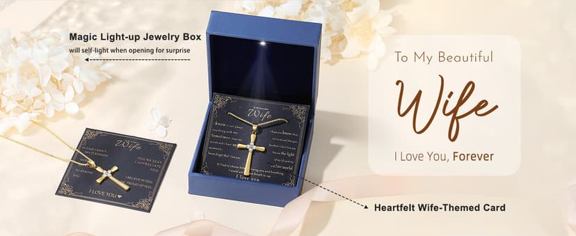 Gold Moissanite Cross Necklace for Women Wife in Light-Up Gift Box,Love Card - Women Anniversary Birthday Gifts Ideas for Wife Her Girlfriend, Christian Cross Chain Jewelry(18K Real Gold Filled)