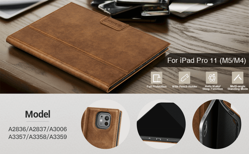 Antbox for iPad Pro 11 Inch Case M5 2025/M4 2024, Premium Vegan Leather, Supports Pencil Pro and Pencil (USB-C), Auto Sleep/Wake Function, Built-in Pencil Holder (Tan)