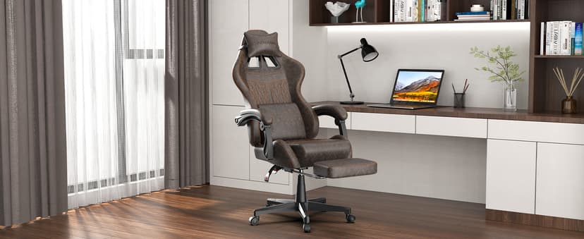 Ferghana Vintage PU Leather Gaming Chair, Ergonomic Gamer Chair with Massage, High Back Computer Office Chair with Footrest for Adults, Racing Style Reclining Video Game Chair (Brown)
