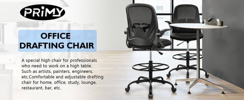 Primy Drafting Chair Tall Office Chair with Flip-up Armrests Executive Ergonomic Computer Standing Desk Chair with Lumbar Support and Adjustable Footrest Ring (Black)
