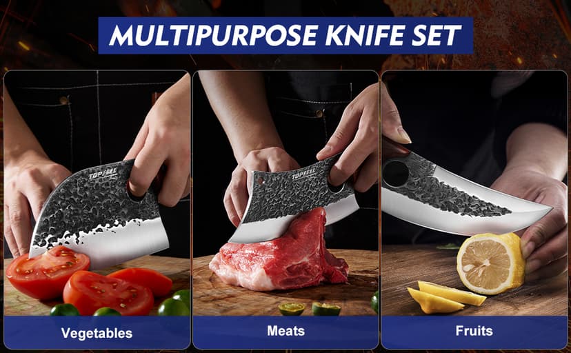3PCS Butcher Knife Set, Hand Forged Serbian Chef Knives & Meat Cleaver & Viking Knives, Meat Cutting Kitchen Knife Set for Home, Outdoor Cooking, Camping BBQ Gift Idea Men