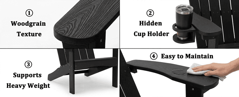 LUE BONA HDPS Adirondack Chairs Set of 4, Long-Lasting All-Season Outdoor Patio Chairs, Hidden Cup Holder, 350 LBS, Black